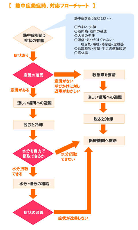 熱中症発症時、対応フローチャート